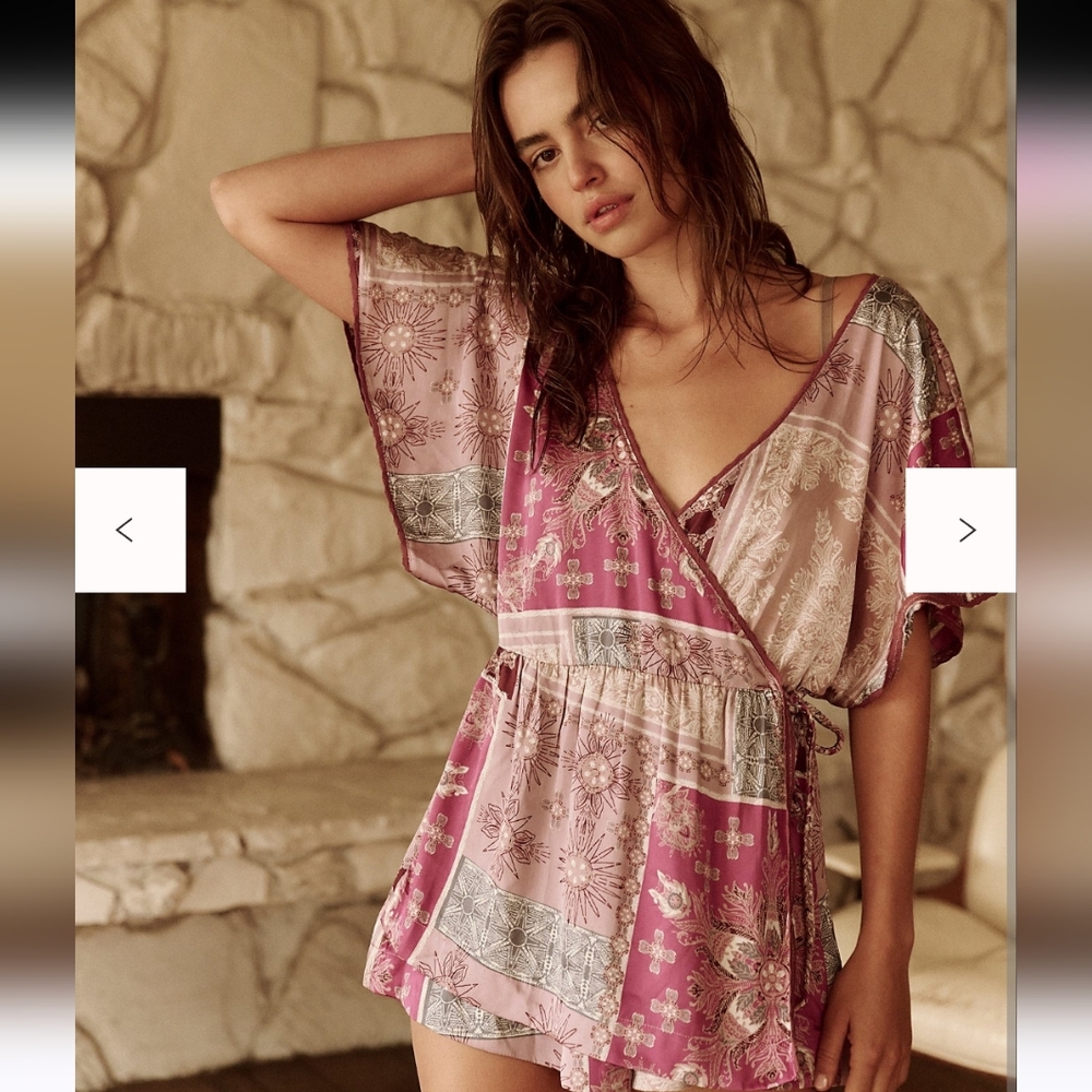 Free People Oasis Satin Faux Wrap Pajama Romper